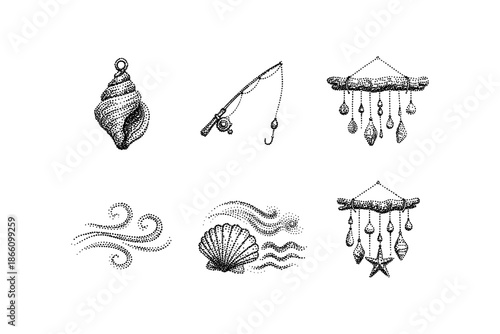 Nautical elements in dot art style: fishing rods, shells, and ocean motifs