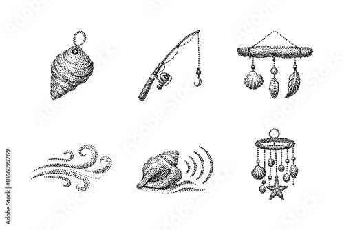 Vintage marine inspired dot art icons featuring nautical elements in stippling design