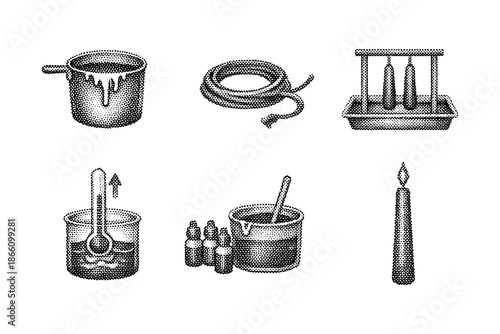 Crafting candles: halftone icons of wax melting, wick casting, and dipping process