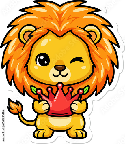 Adorable winking lion cub mascot holding a red crown illustration.