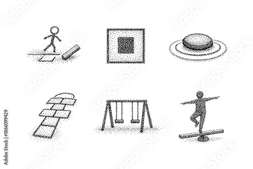 Playful playground elements in pointillism style with dotted texture