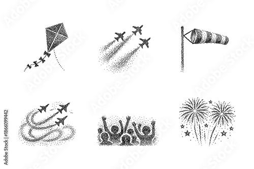 Aviation and celebration icons in black stipple design for event themes