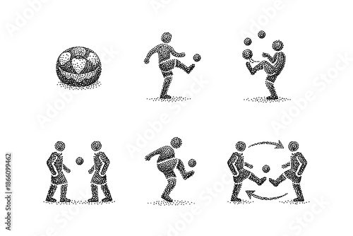 Halftone style soccer players and ball: dribbling, juggling, and teamwork action poses