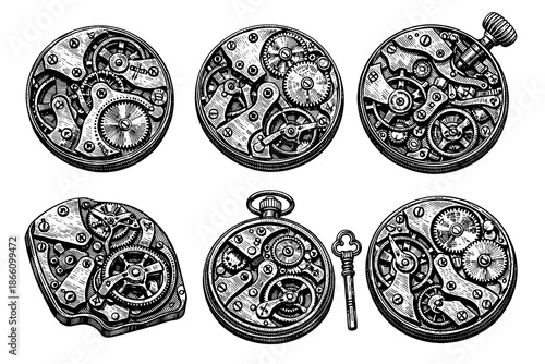 Intricate engraved watch mechanisms and gears collection