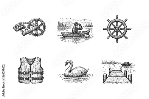 Vintage nautical dot art collection featuring boating and maritime elements