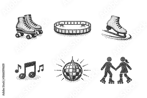 Retro dotted style roller skating and ice skating icons with disco elements