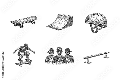 Stipple skateboarding elements: skateboard, ramp, helmet, skater, crew, rail design