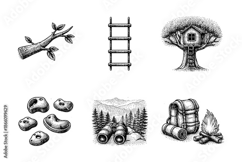 Rustic camping adventure: nature scenes with treehouses, ladders, and campfires