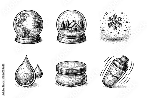 Vintage dot art winter icons: snow globes, snowflake, water drops, cosmetic jar, cocktail shaker