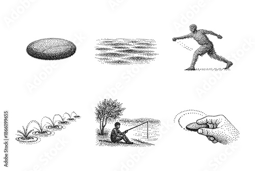 Pointillism art: skipping stones and fishing scenes in dotted style