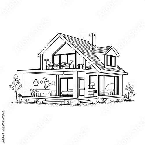 A stylized black-and-white illustration of a home cutaway with a graphic design aesthetic, featuring bold lines, geometric shapes, and meticulous attention to detail, showcasing the interior and exter