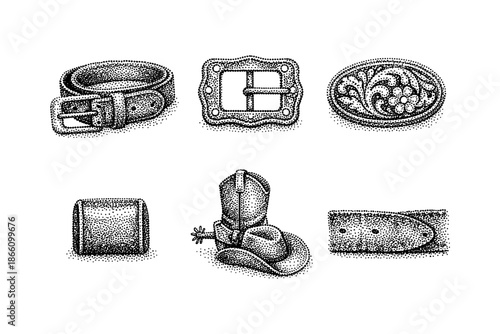 Vintage western accessories in stipple design featuring belt buckles and cowboy hat