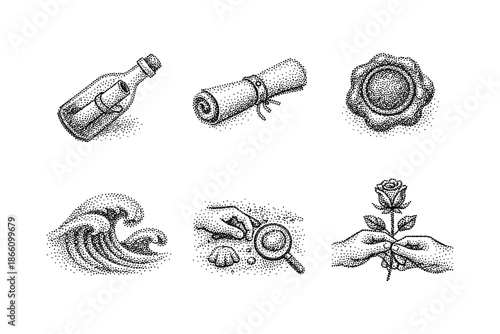 Intricate dotwork symbols: bottle, scroll, seal, wave, magnifying glass, rose