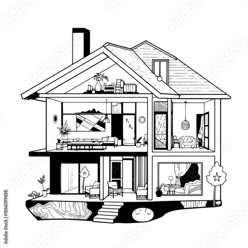 A stylized black-and-white illustration of a home cutaway with a graphic design aesthetic, featuring bold lines, geometric shapes, and meticulous attention to detail, showcasing the interior and exter