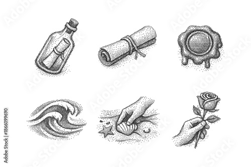 Vintage dotwork: nautical icons and romantic symbols set