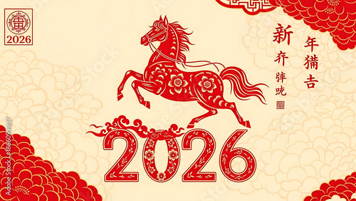 ia generated. Lunar New Year 2026 with a horse and gold details. Modern abstract design representing energy, prosperity, and good fortune.
