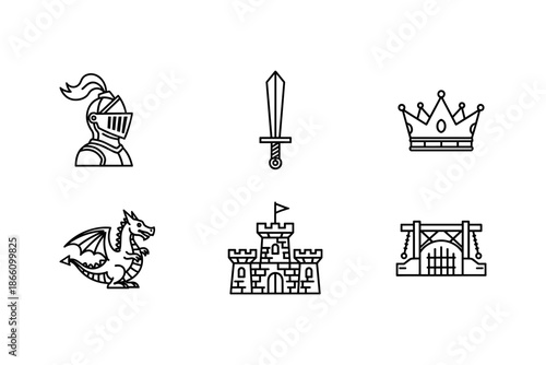 Medieval icon set featuring knight, sword, crown, dragon, castle, and gate