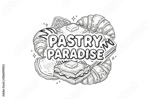 Delicious pastry paradise sketch with croissants and treats in black and white