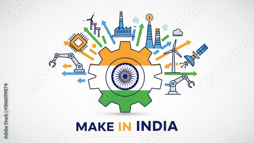Make in india initiative with industrial and technological growth concept, featuring manufacturing, renewable energy, and infrastructure development