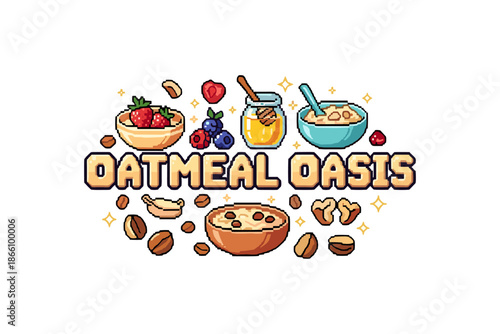 Pixel art breakfast: oatmeal variety with fruit and honey