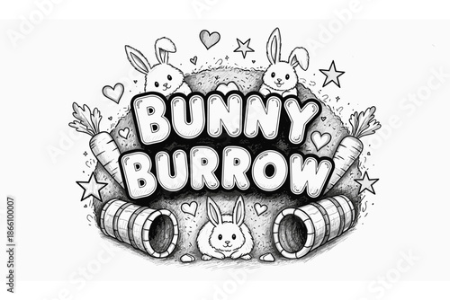 Playful bunny burrow with whimsical rabbits and cozy carrots in monochrome style