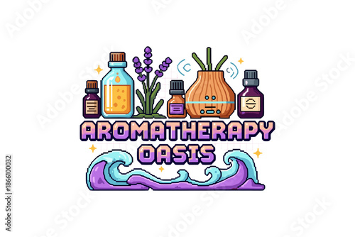 Aromatherapy oasis in pixel art: soothing scents with lavender and essential oils