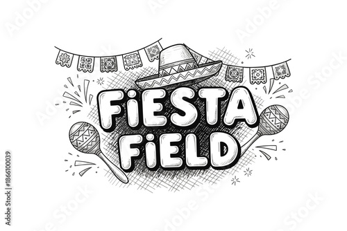 Festive fiesta design with sombrero and maracas in sketch style