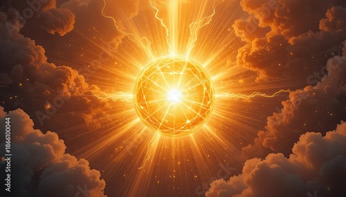 Bright orange and yellow light emanating from an abstract heavenly ball represents energy, spiritual rebirth, and fresh starts.