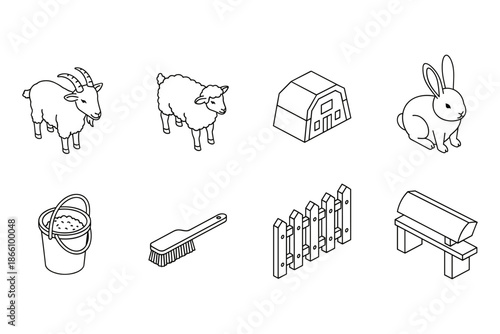 Farm animal and equipment outline: goat, sheep, rabbit, barn, bucket, brush, fence, bench