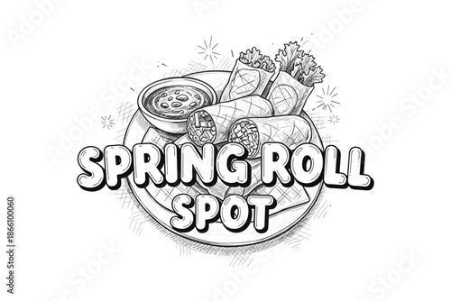 Hand-drawn spring roll logo with artistic typography and appetizing design