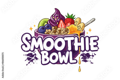 Colorful smoothie bowl with fresh fruits, granola and artistic typography