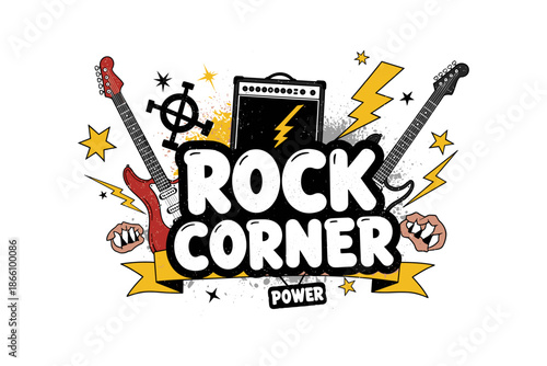 Dynamic rock music design with electric guitars and amplifier in bold graffiti style