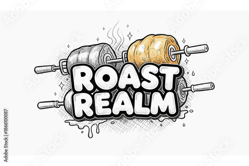 Cartoon style meat and vegetable on spit with grunge text