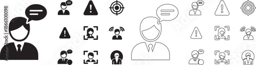Set of Modern Business and Technology Icons Vector. User, Communication, Warning, Target, Face ID Symbols. isolated PNG with Transparent Background