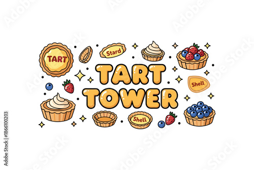 Tart tower dessert pattern with berries and cream in cute cartoon style