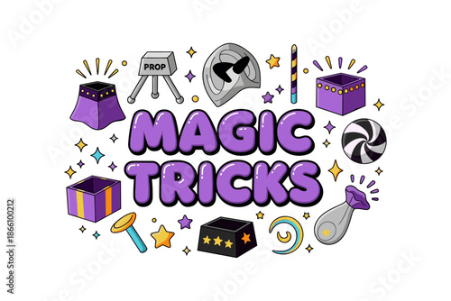 Magical elements and props collection in a colorful cartoon style