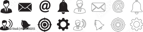 Modern Black Line and Solid UI Icons Set. Profile, Mail, Notification, Target, Settings Communication Vector. isolated PNG with Transparent Background