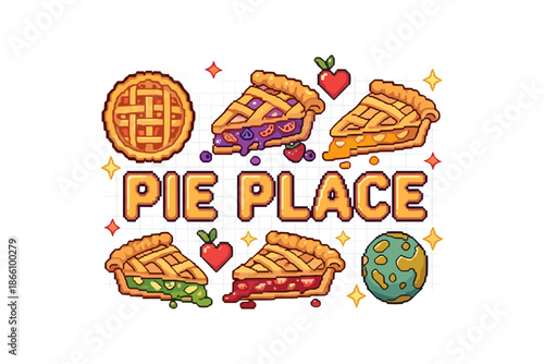 Pixel art pie selection with whimsical elements and fruit variations