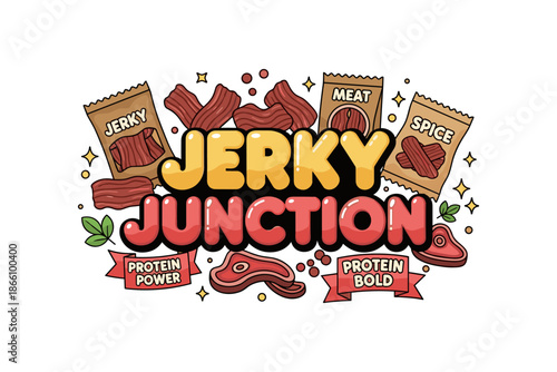 Colorful cartoon design featuring jerky and bold typography with decorative elements