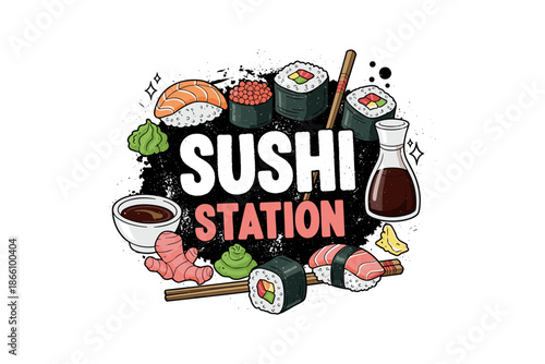 Colorful sushi food design with nigiri, wasabi, and soy sauce elements