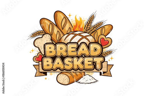 Artistic bread basket logo with loaves, wheat, and bakery elements in retro style