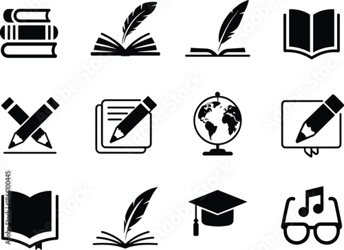 Education learning icons set featuring books writing globe graduation study knowledge school academic symbols vector design collection isolated