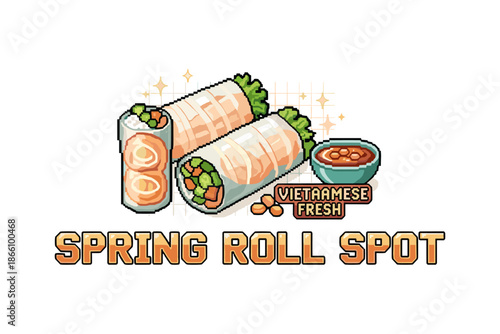 Vietnamese fresh spring roll logo with pixel art style and sparkling details