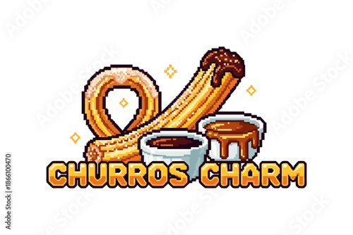 Pixel art churros with chocolate and cinnamon garnish