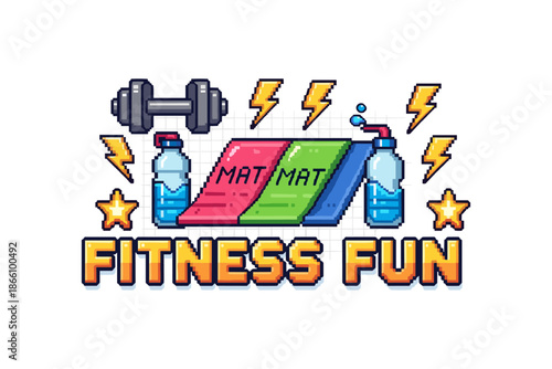 Pixel art fitness theme with dumbbell and yoga mats
