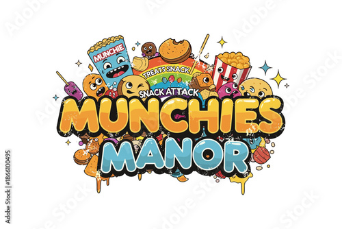 Colorful snack attack cartoon design featuring fun munchie characters