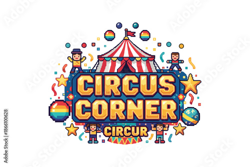 Colorful pixel art circus design with tent, clowns, and festive elements