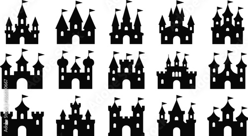 Fairytale castle silhouette icon set featuring medieval fantasy fortresses, towers, and flags, black vector royal buildings isolated on white