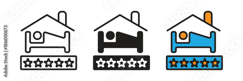 Hotel Rating Icon. Bed and house symbol combined with star ratings, ideal for hospitality industry, hotel booking apps, and accommodation quality ranking services.