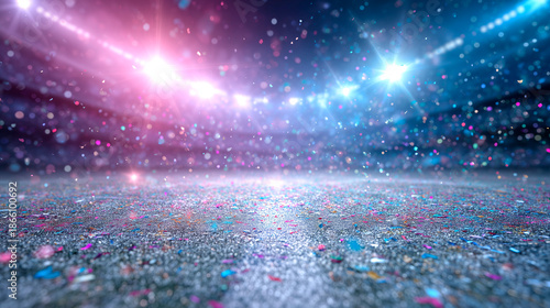 Stadium with a blue field and pink and purple lights